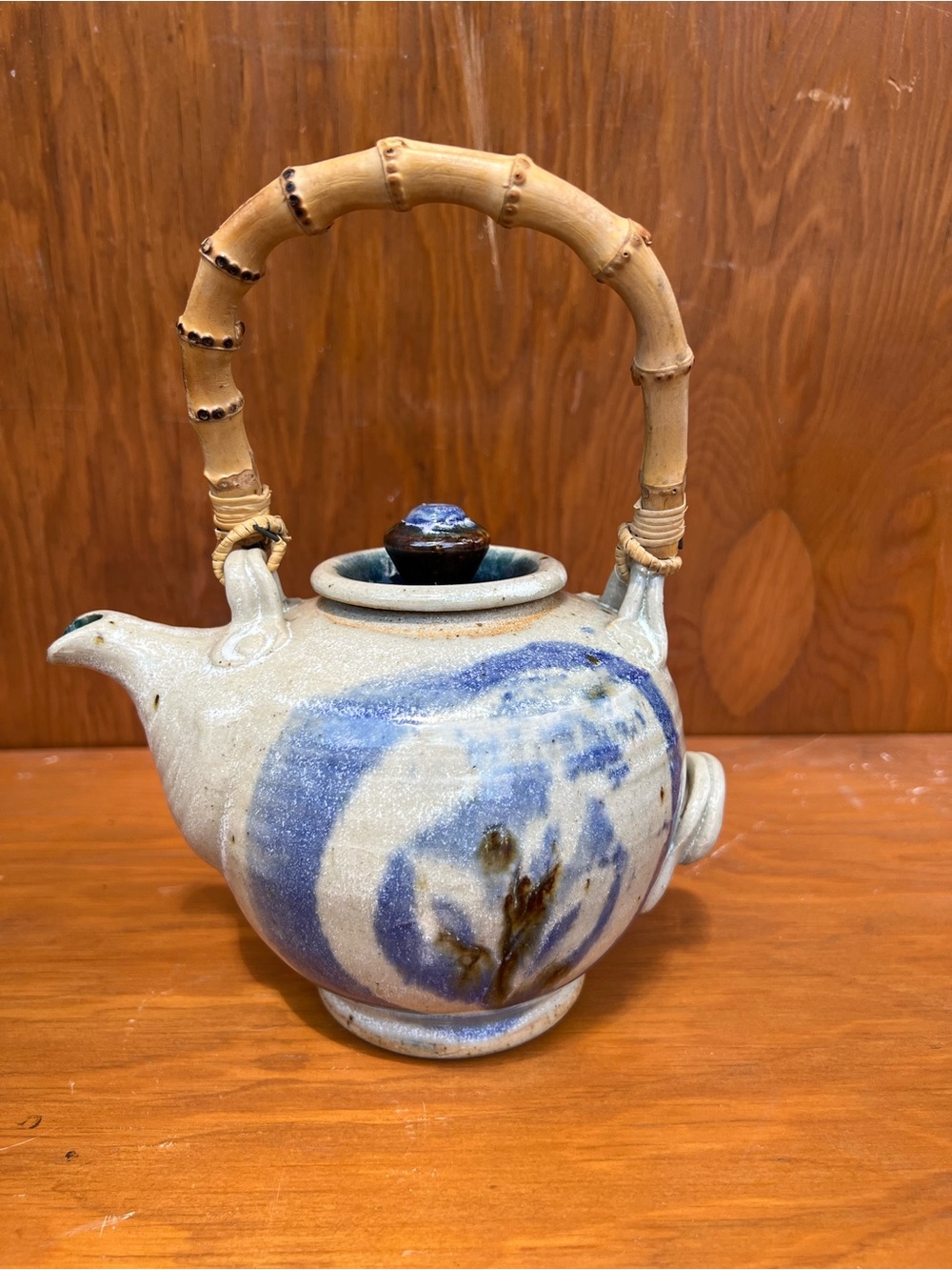 Handcrafted Ceramic Teapot with Bamboo Handle in Blue and Cream